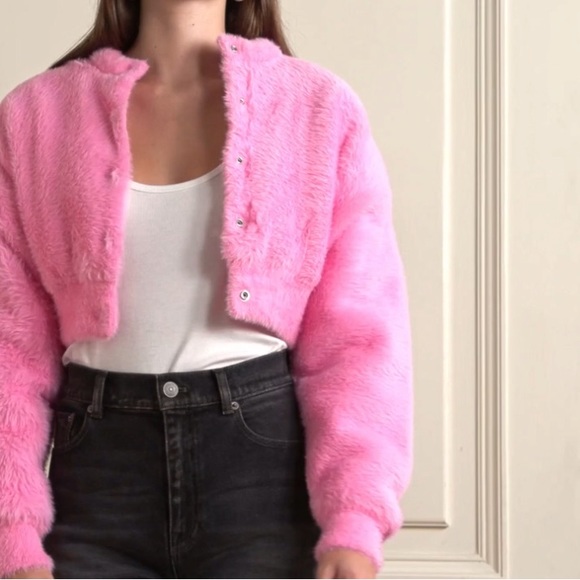 🆕ALEXANDERWANG T PRISM PINK LONG-SLEEVE FAUX FUR CARDIGAN JACKET BUBBLEGUM PINK - Picture 10 of 16